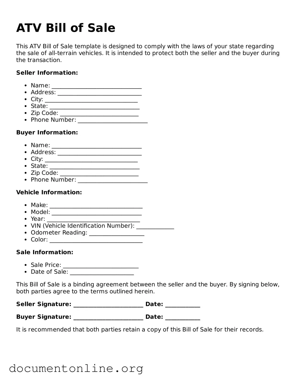 Free ATV Bill of Sale Form