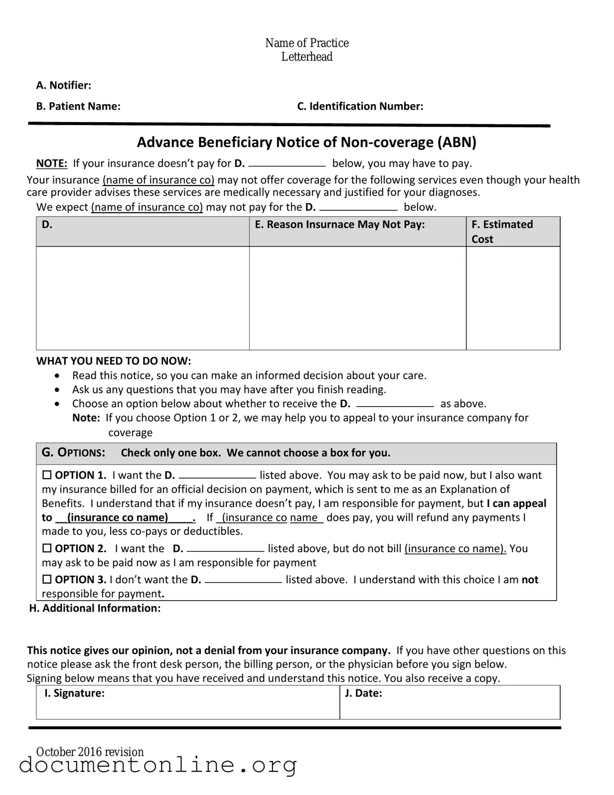 Free Advance Beneficiary Notice of Non-coverage Template