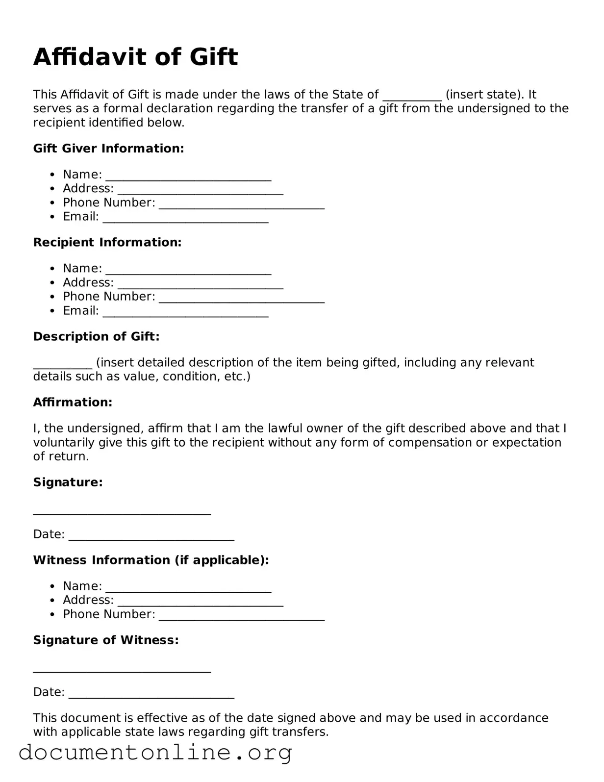 Free Affidavit of Gift Form