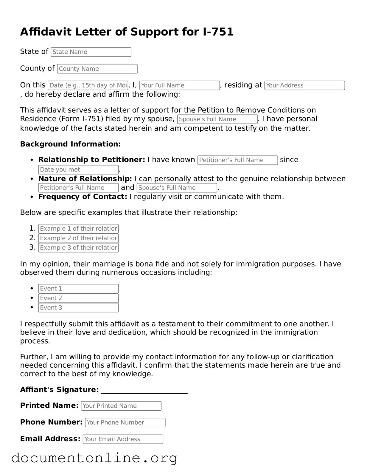 Free Affidavit Letter of Support for I-751 Form