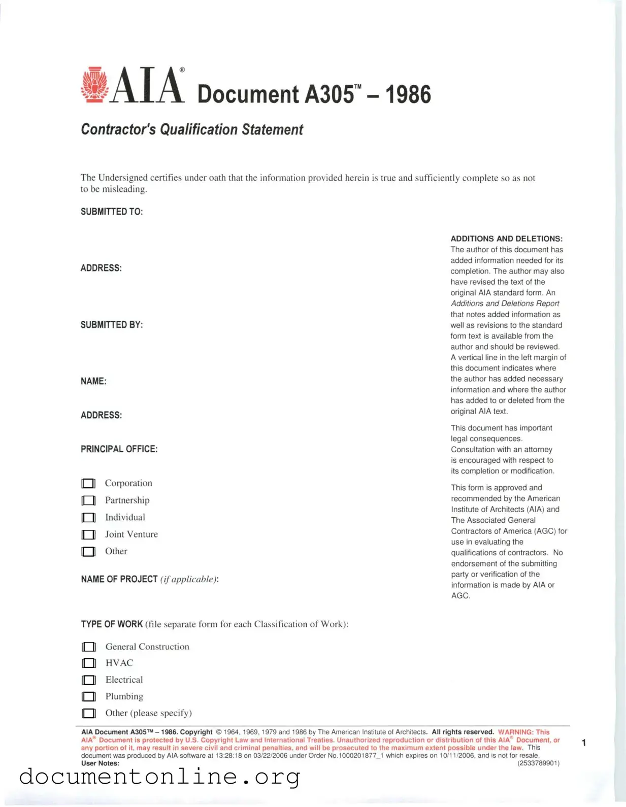Free AIA A305 Template