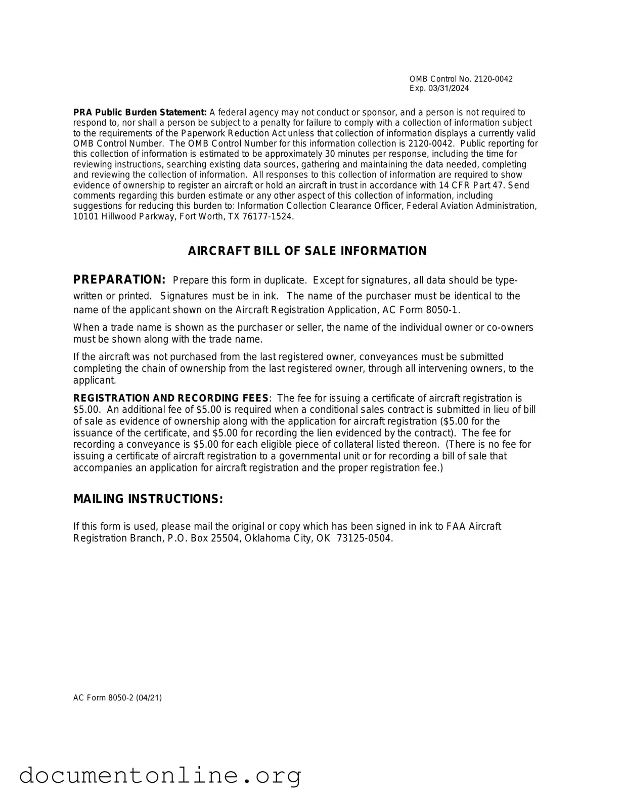 Free Aircraft Bill of Sale AC 8050-2 Template