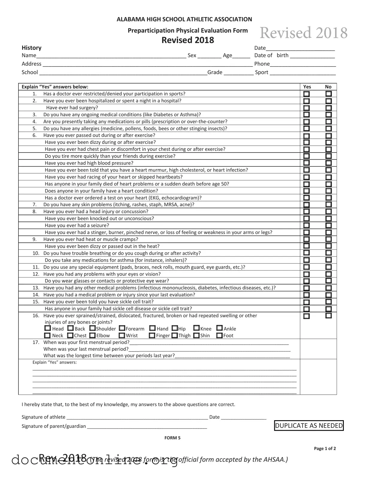 Free Alabama High School Physical Template