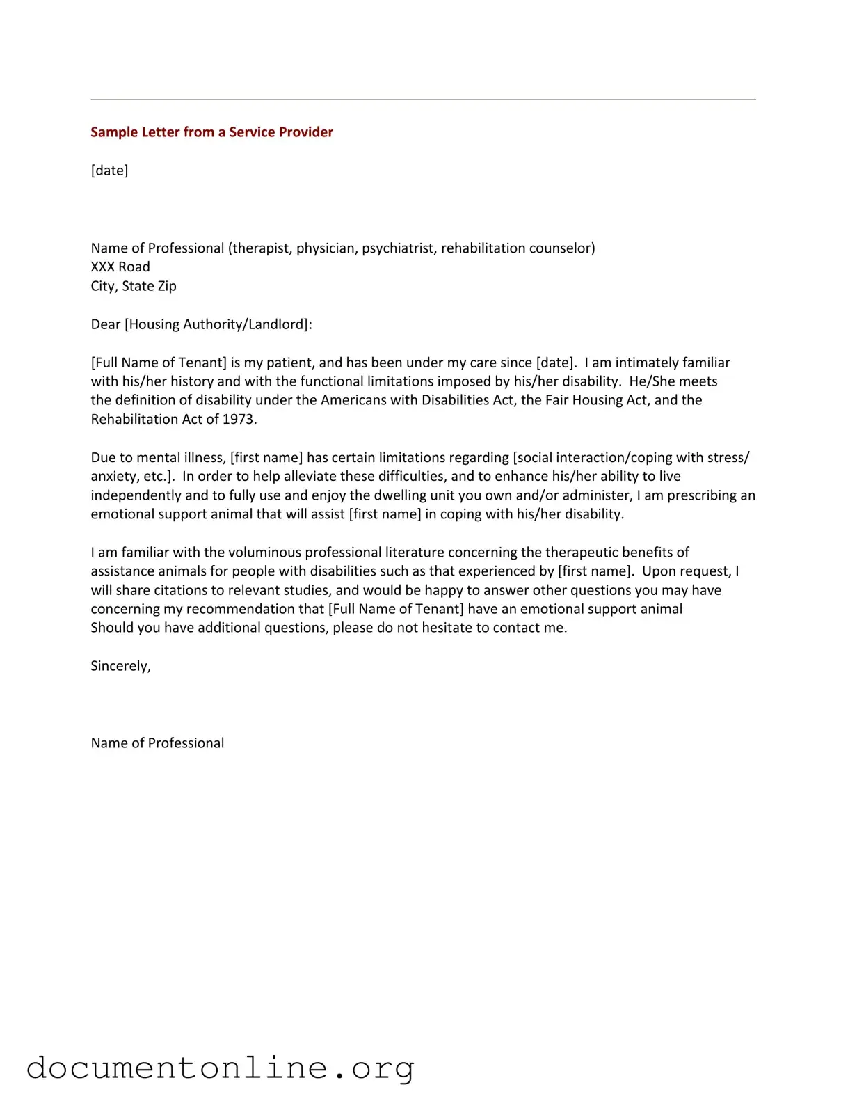 Free Emotional Support Animal Letter Template
