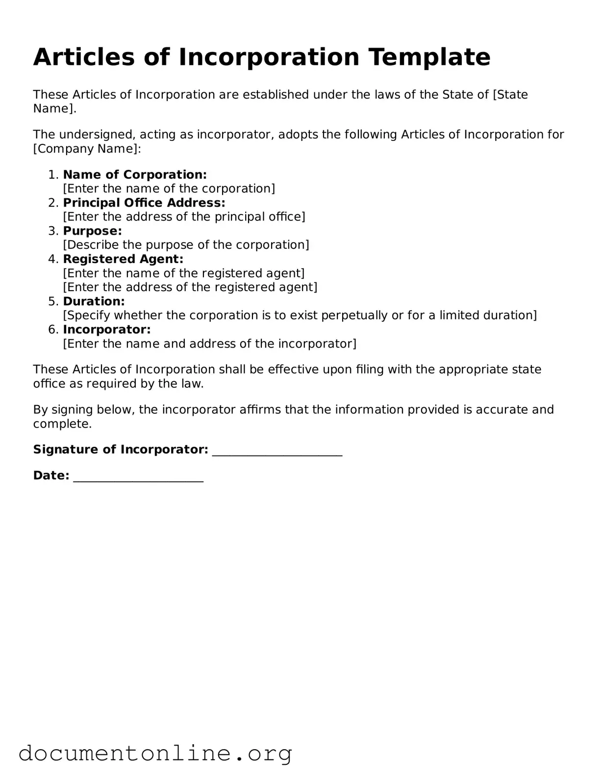 Free Articles of Incorporation Form