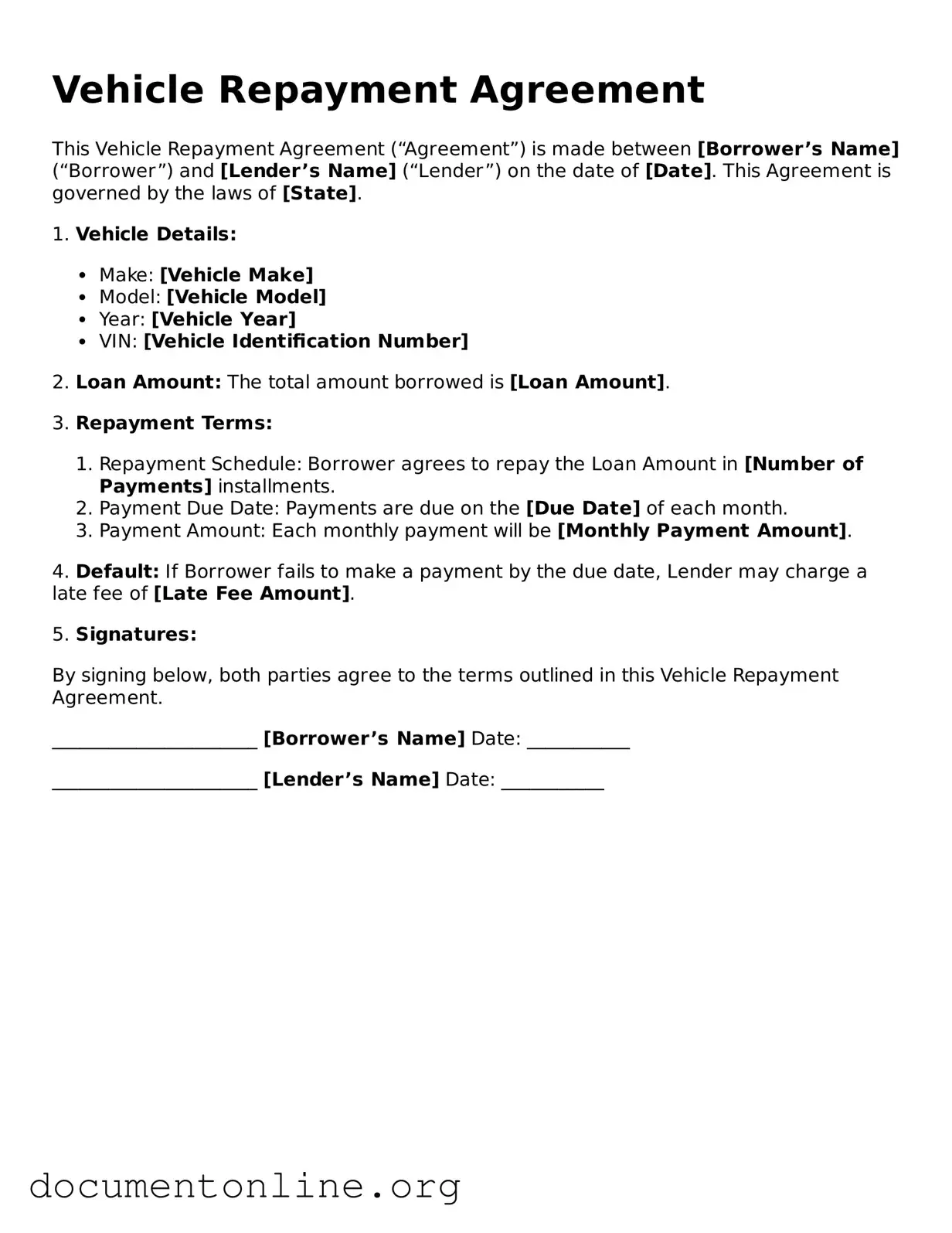 Free Vehicle Repayment Agreement Form
