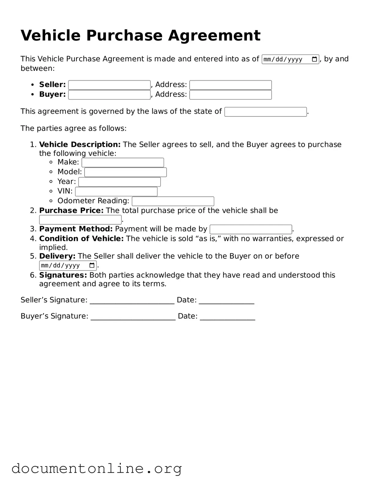 Free Vehicle Purchase Agreement Form
