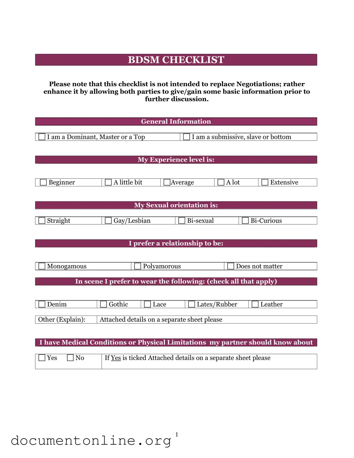 Free Bdsm Checklist Template