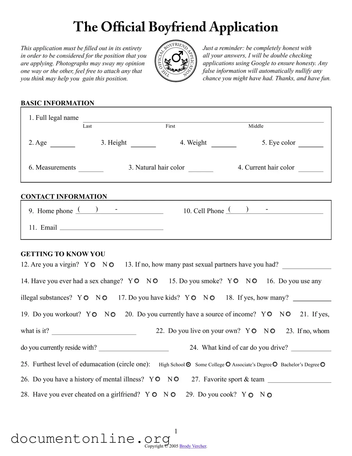 Free Boyfriend application form Template