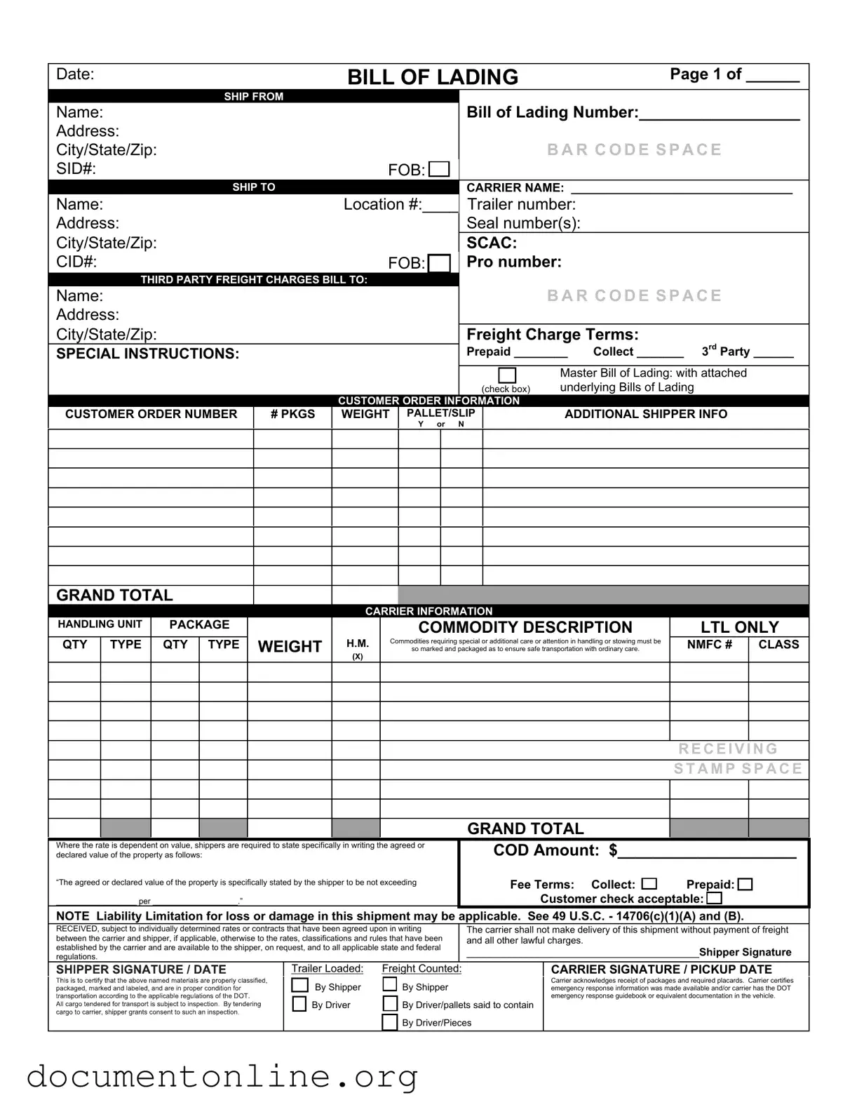 Free Bill of Lading with a Supplement Template