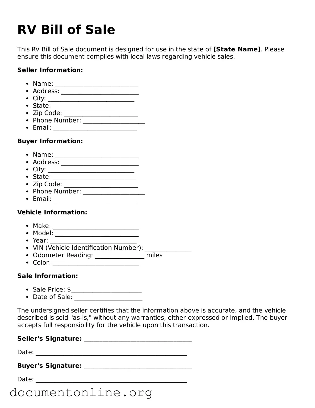 Free RV Bill of Sale Form