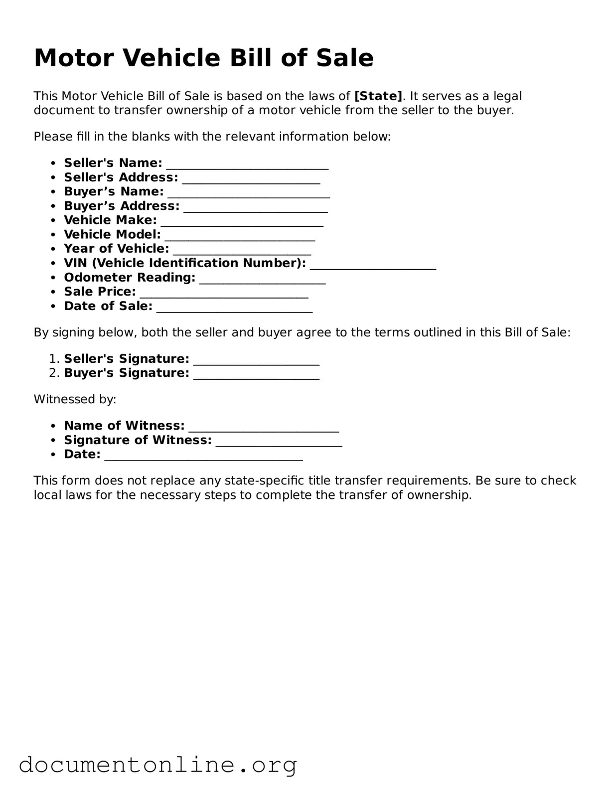 Free Motor Vehicle Bill of Sale Form