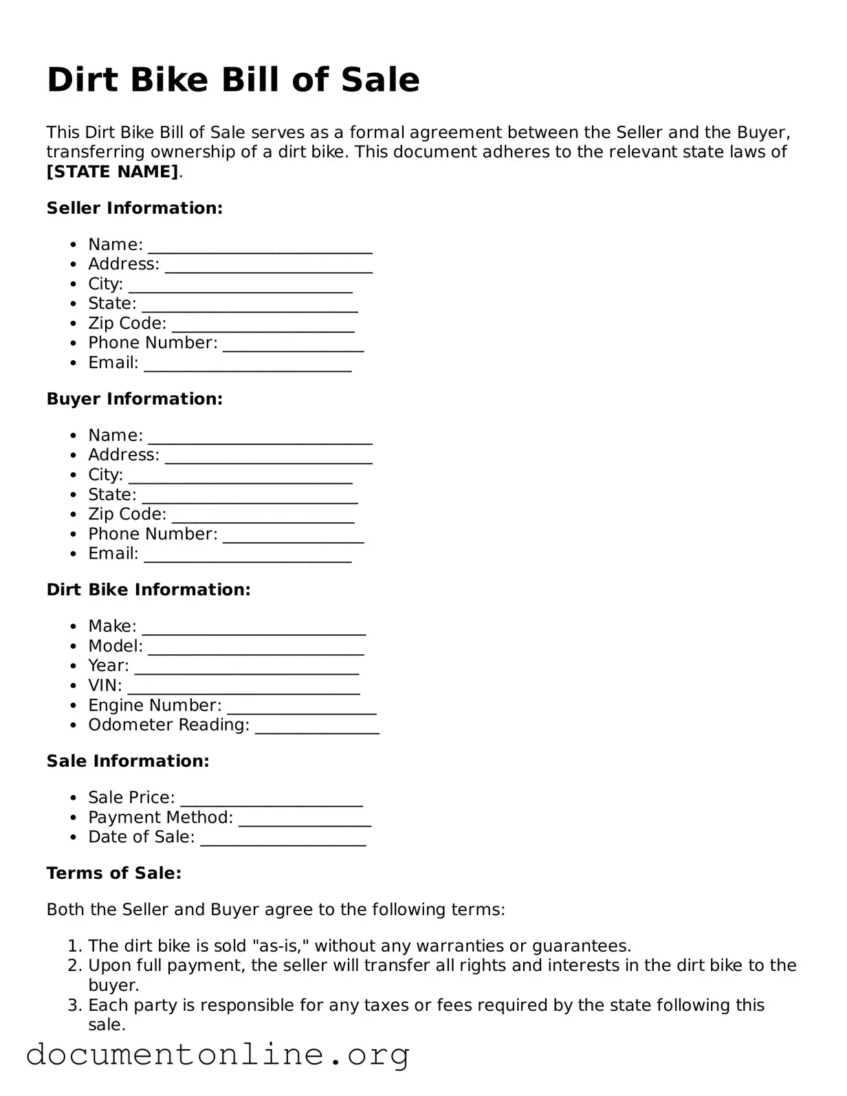 Free Dirt Bike Bill of Sale Form
