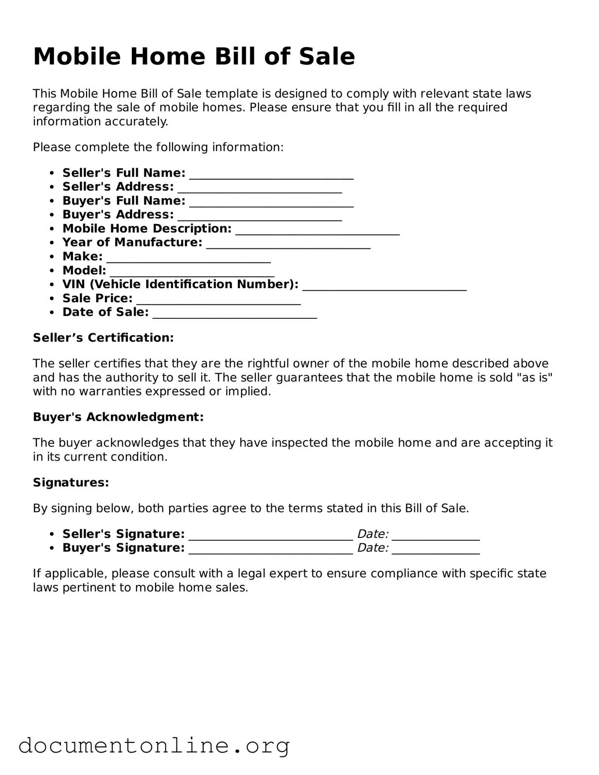 Free Mobile Home Bill of Sale Form