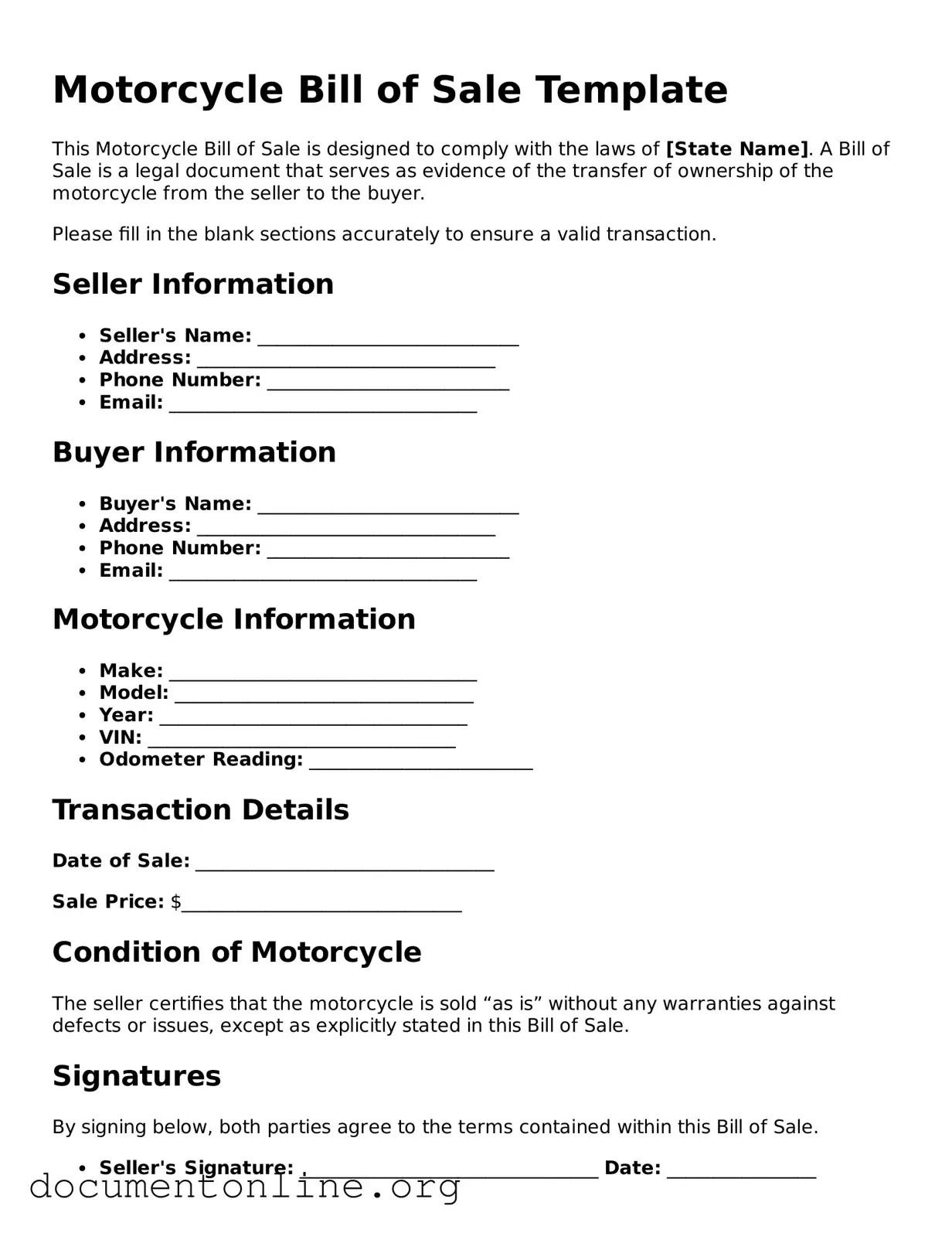 Free Motorcycle Bill of Sale Form