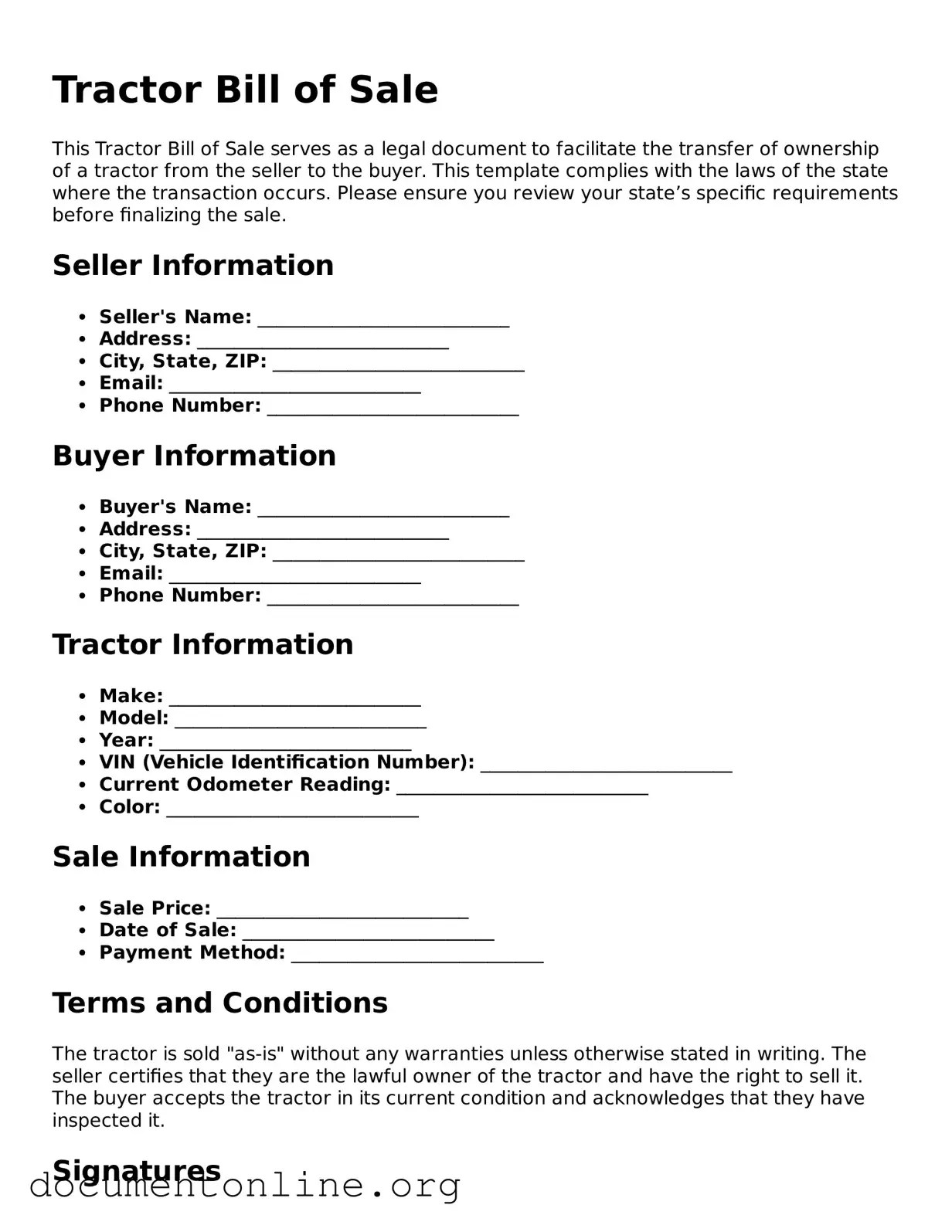 Free Tractor Bill of Sale Form