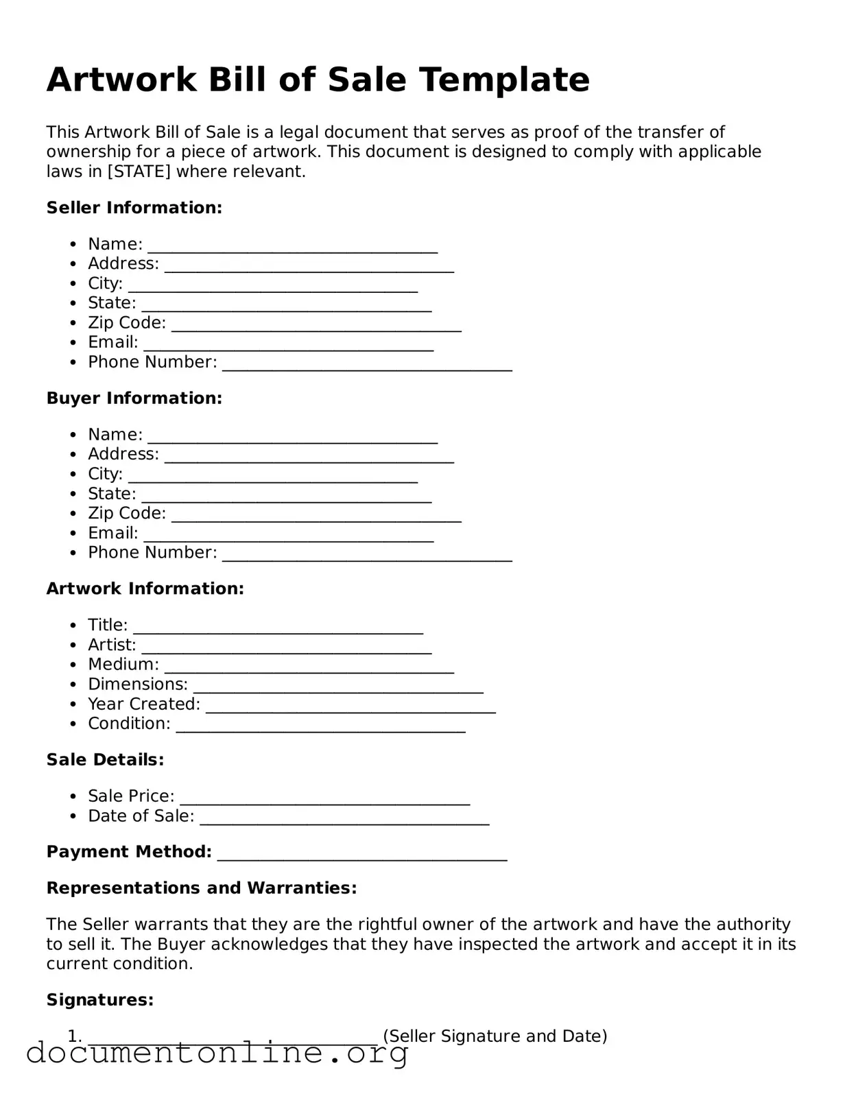 Free Artwork Bill of Sale Form