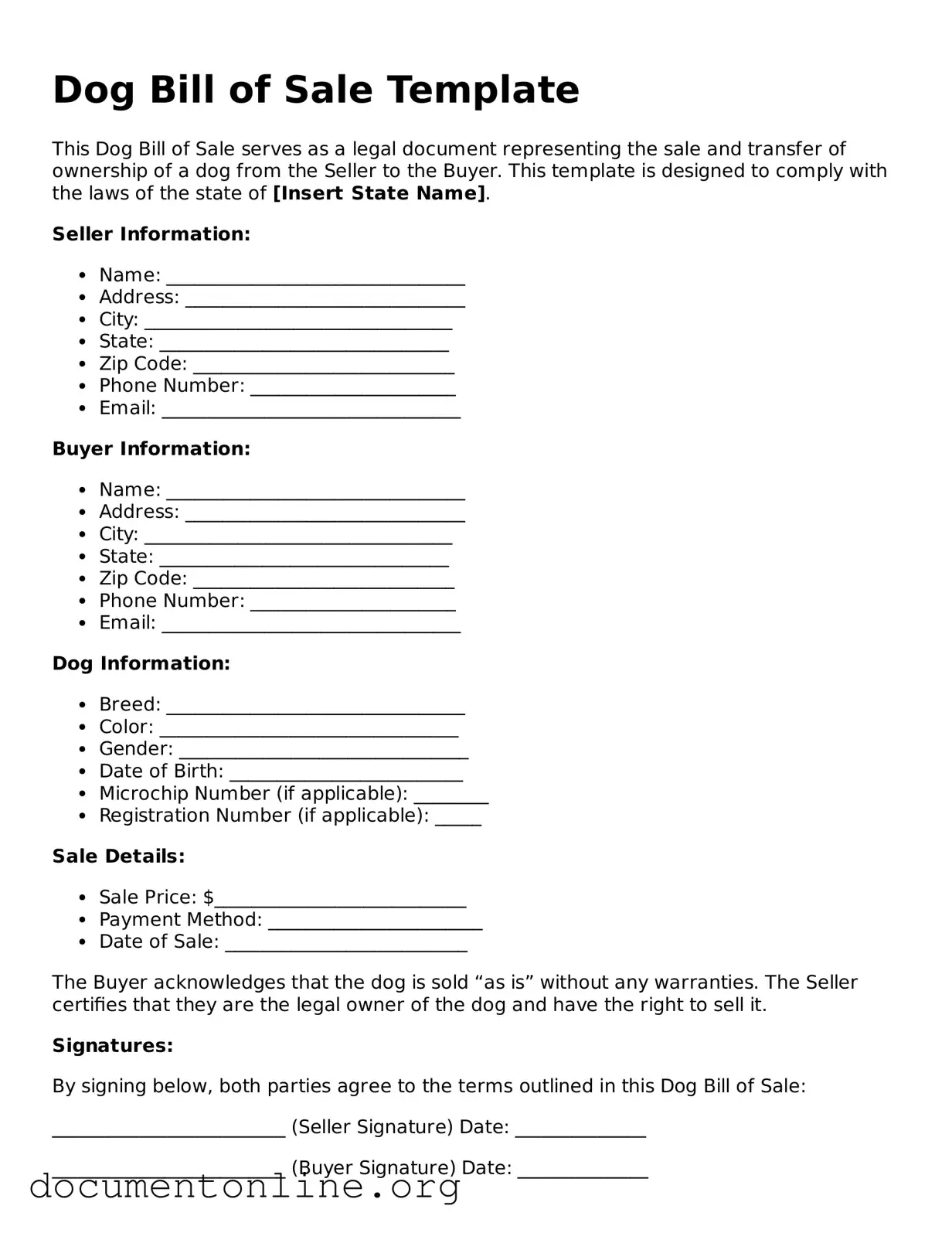 Free Dog Bill of Sale Form