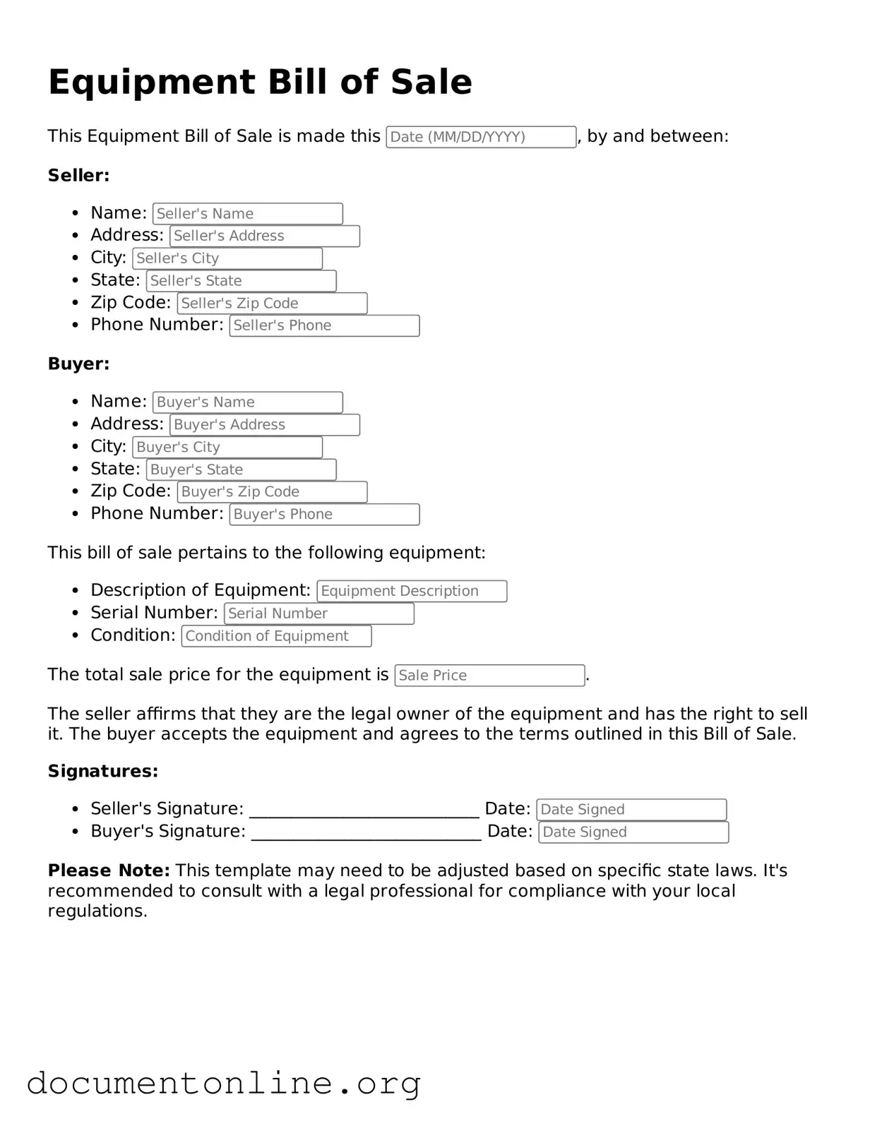 Free Equipment Bill of Sale Form