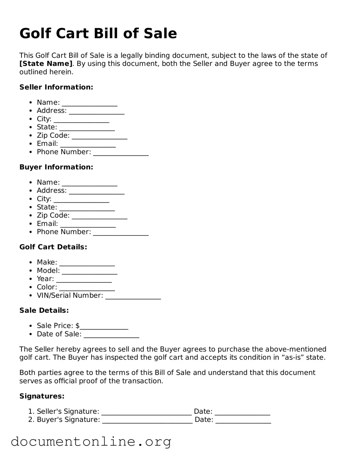 Free Golf Cart Bill of Sale Form