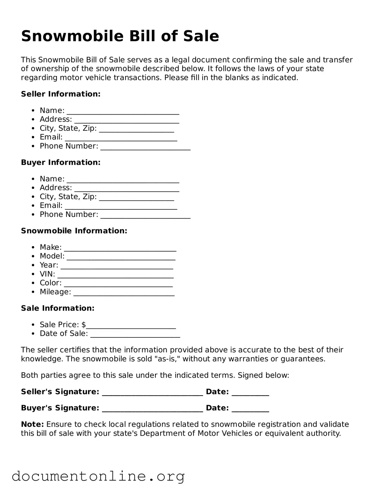 Free Snowmobile Bill of Sale Form