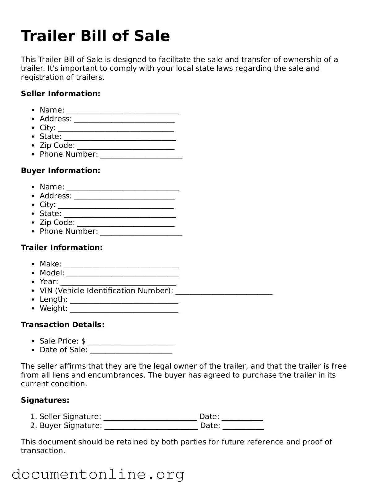 Free Trailer Bill of Sale Form