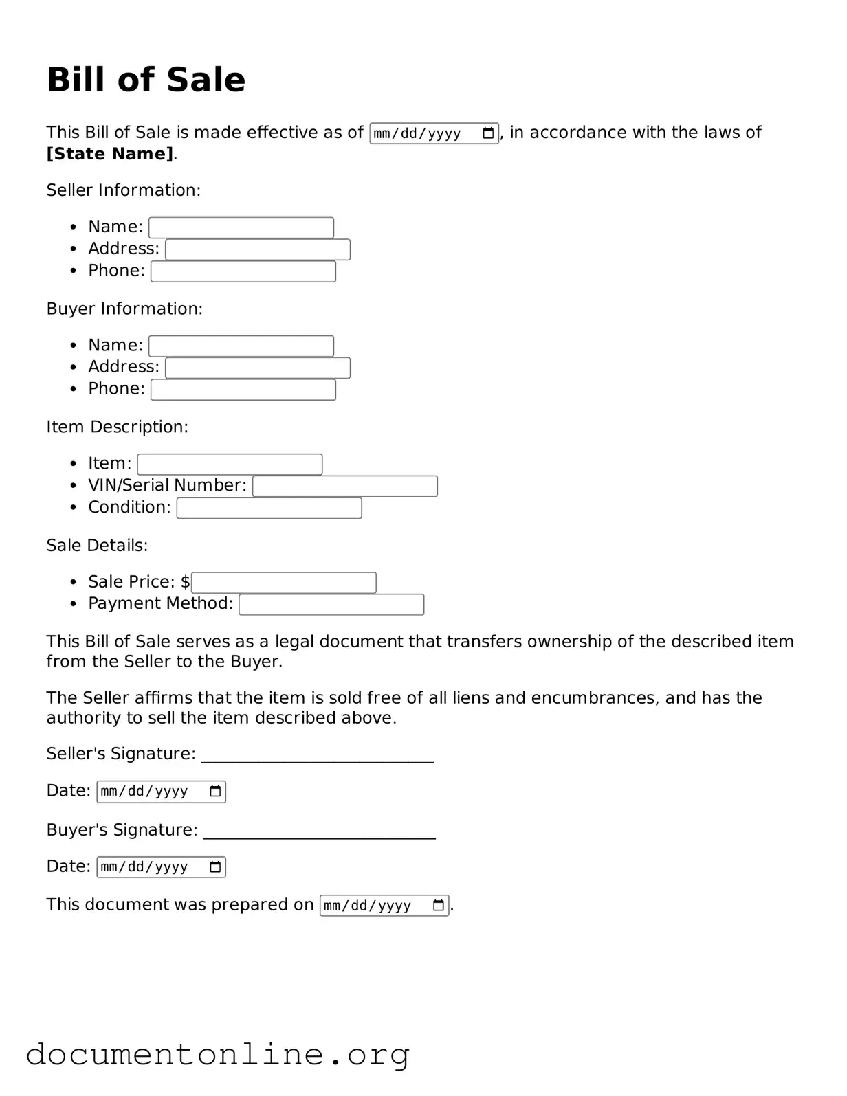 Free Bill of Sale Form