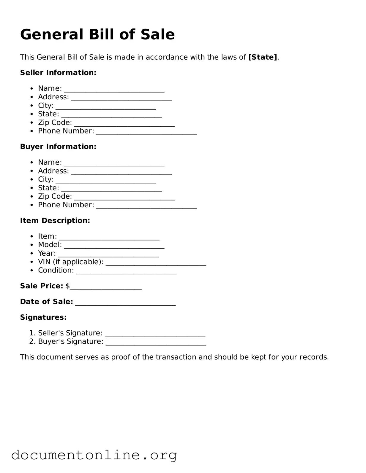 Free General Bill of Sale Form