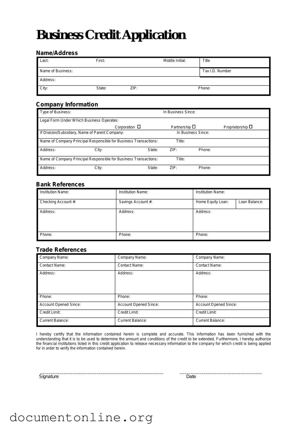 Free Business Credit Application Template
