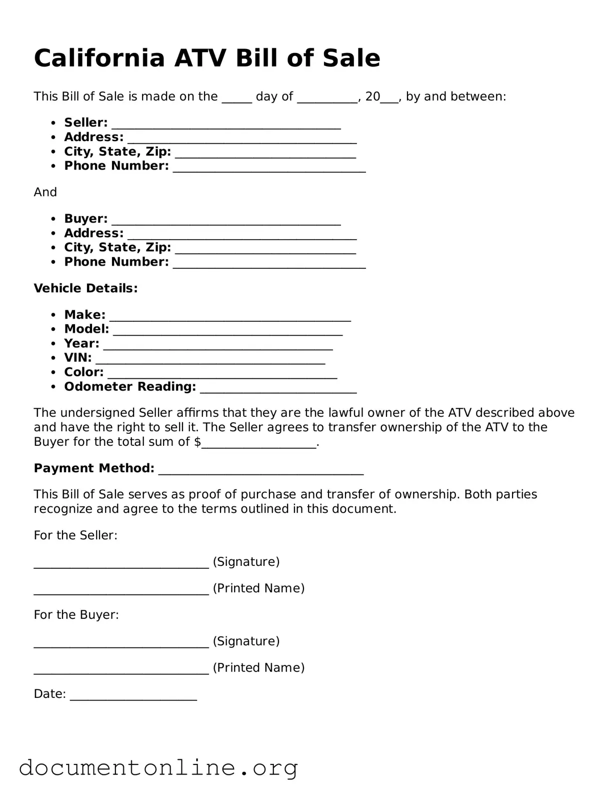 Free ATV Bill of Sale Form for California State