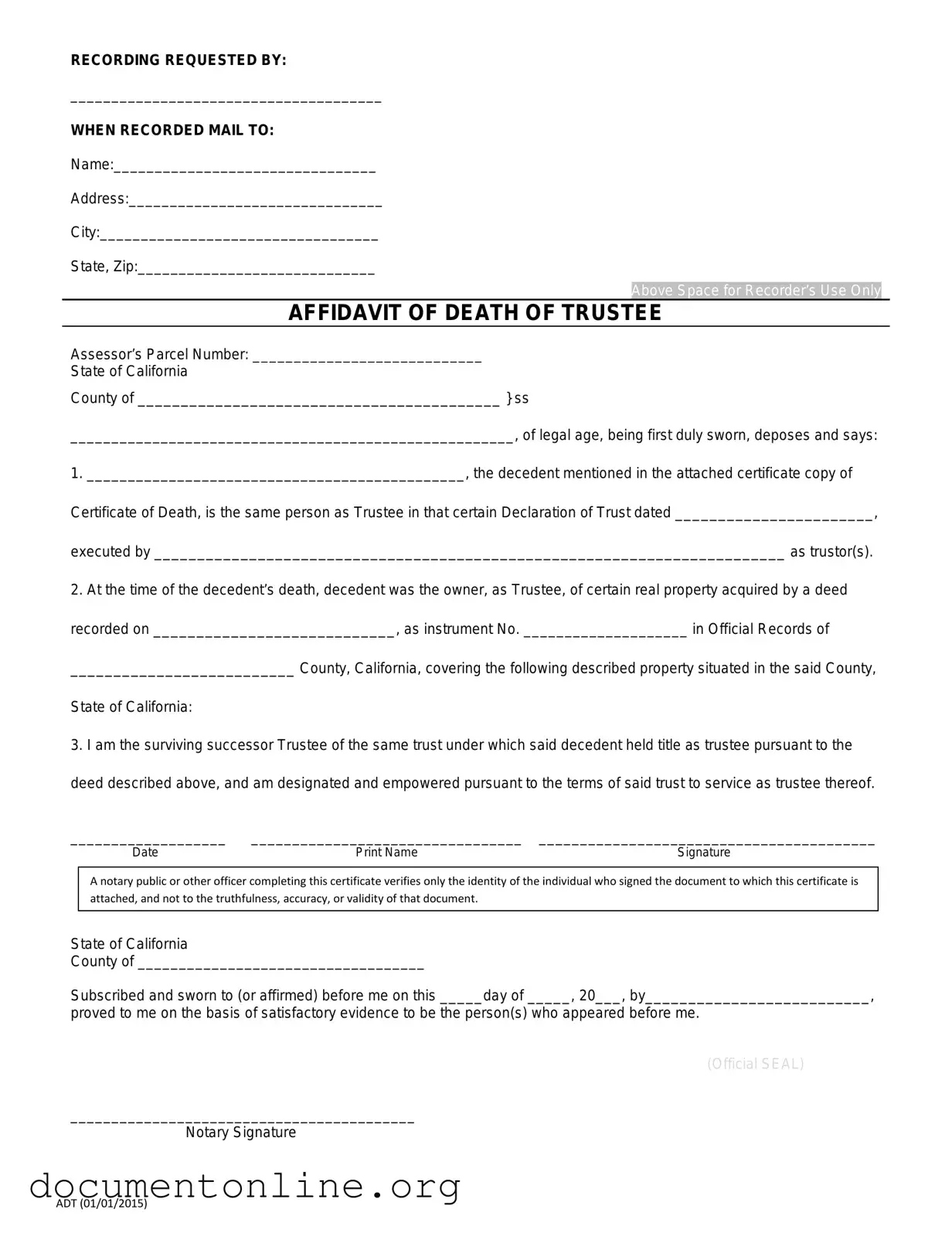 Free California Affidavit of Death of a Trustee Template