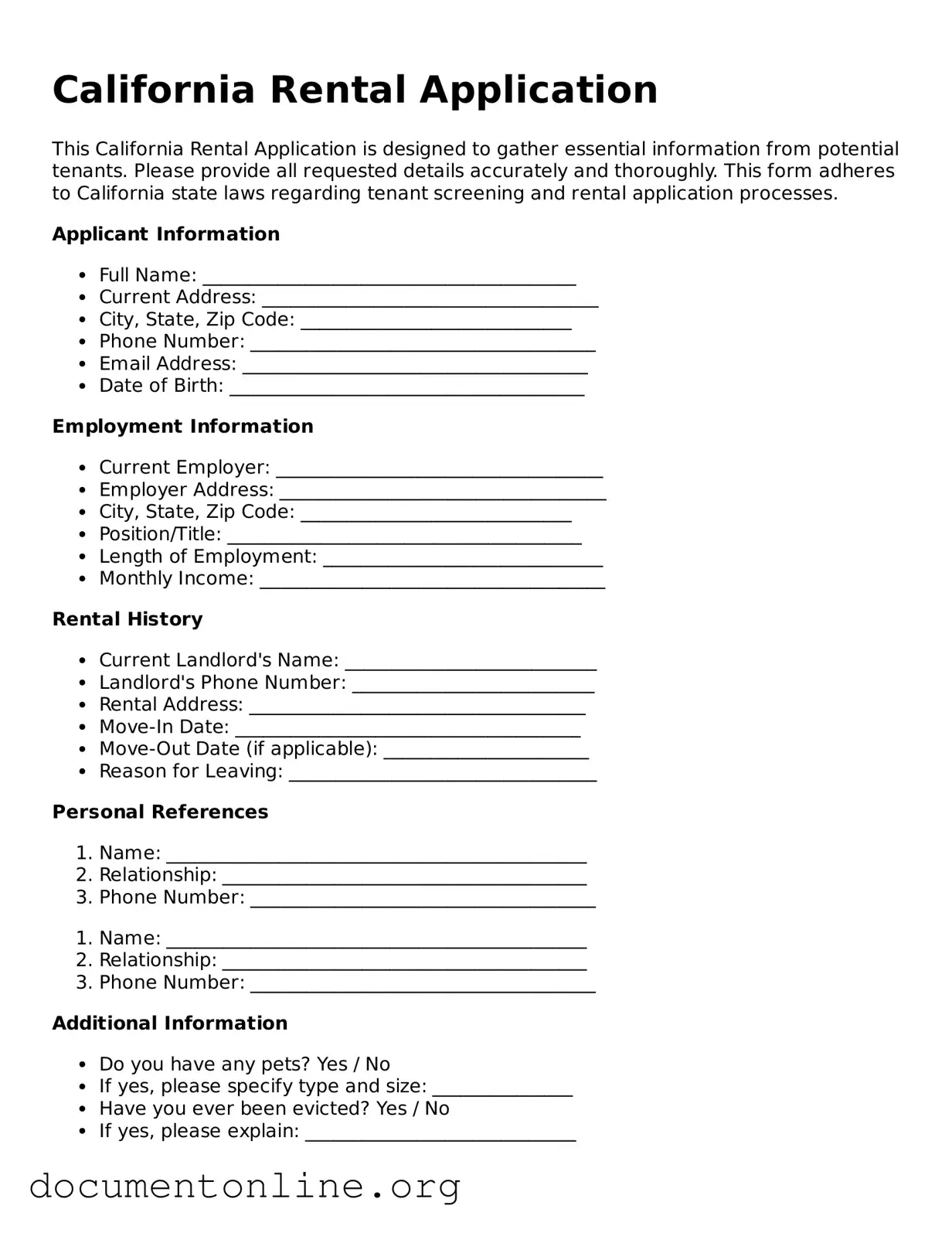 Free Rental Application Form for California State