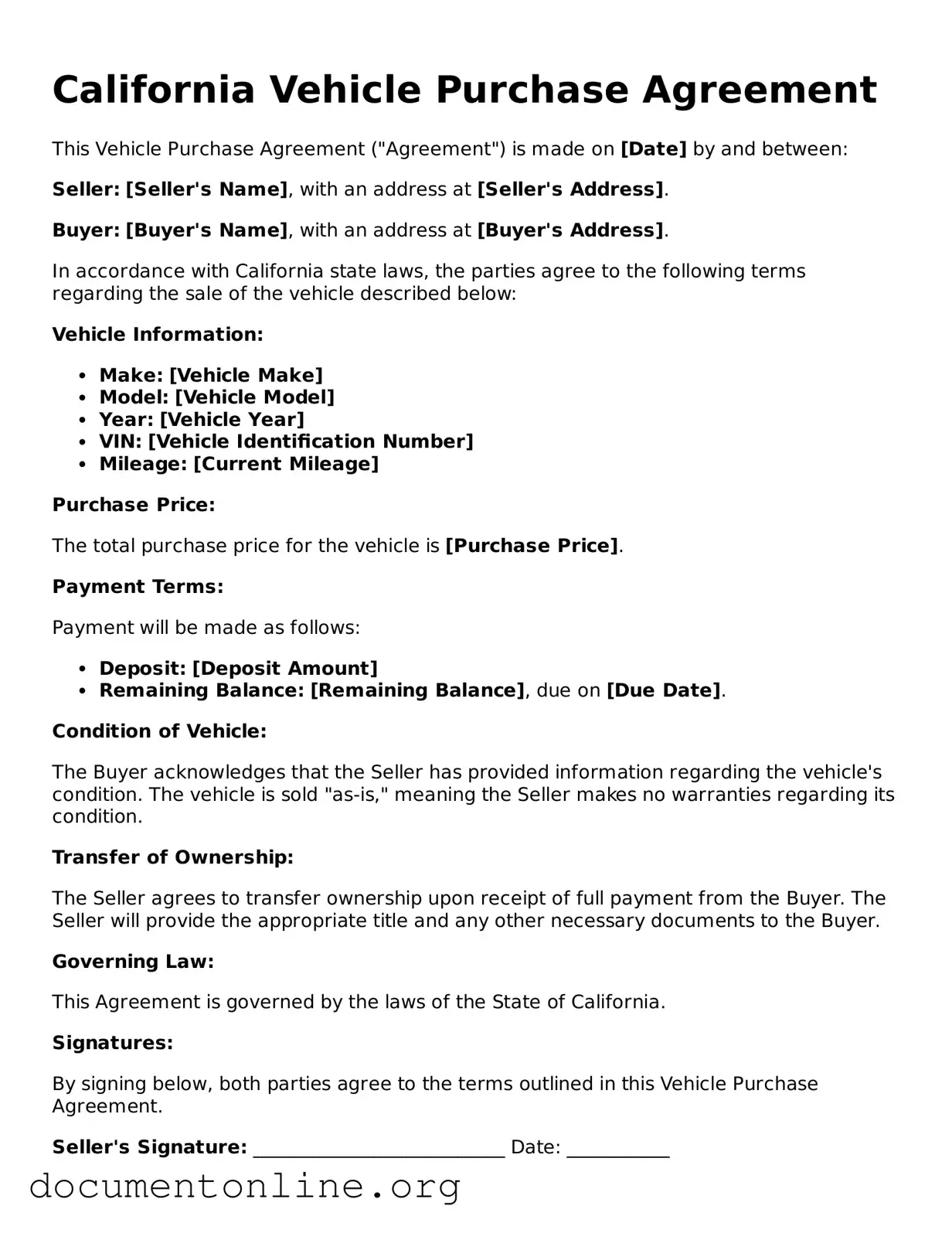 Free Vehicle Purchase Agreement Form for California State
