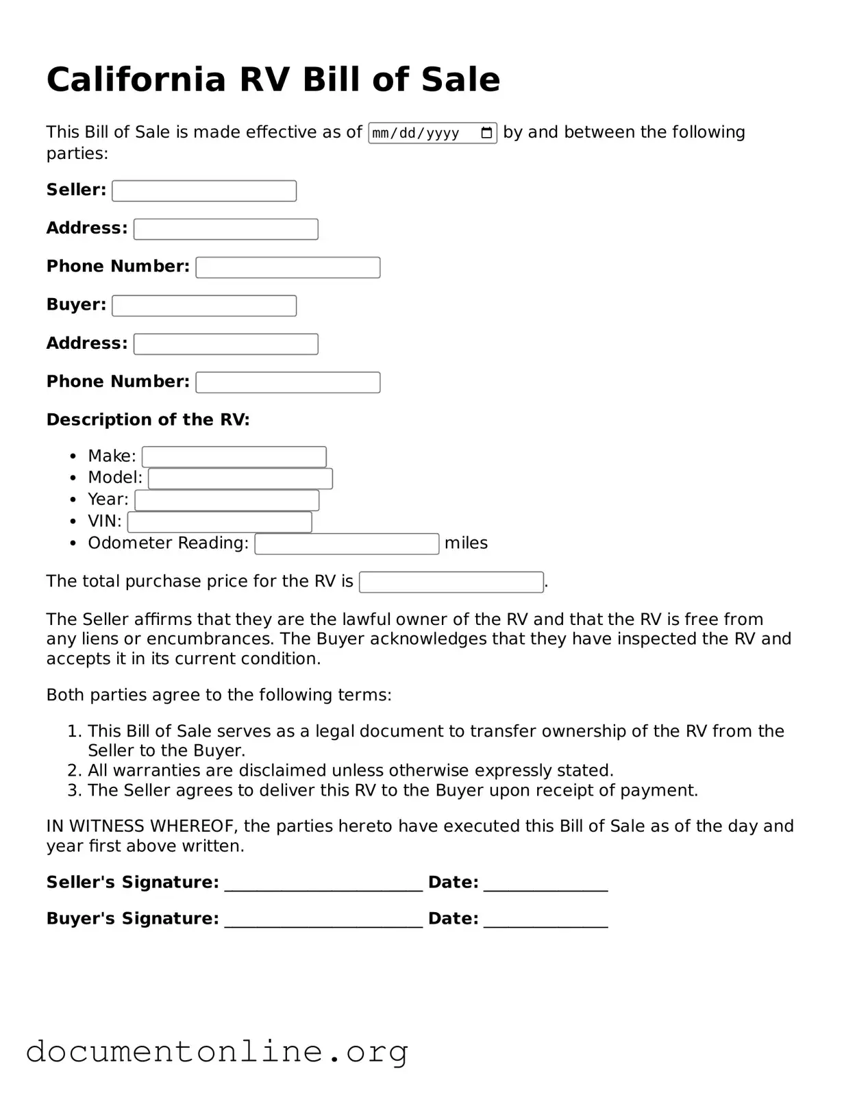 Free RV Bill of Sale Form for California State