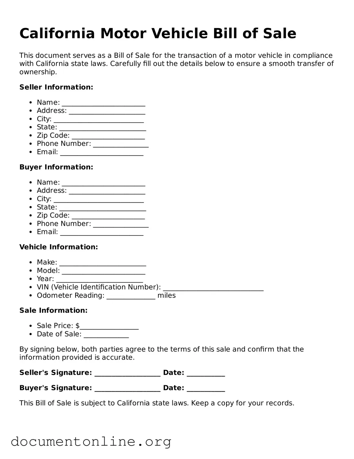 Free Motor Vehicle Bill of Sale Form for California State