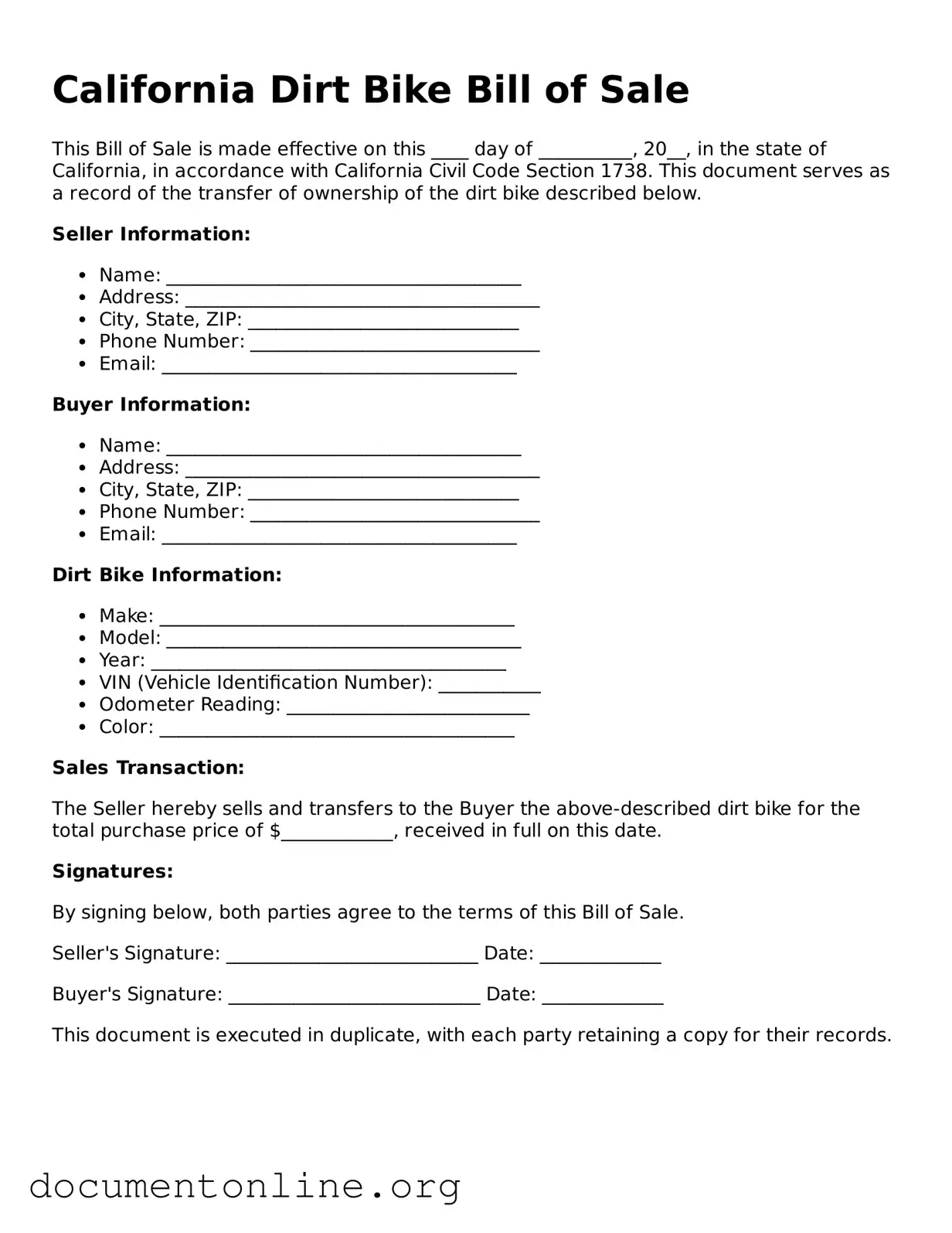 Free Dirt Bike Bill of Sale Form for California State