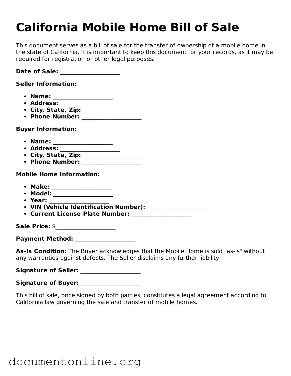 Free Mobile Home Bill of Sale Form for California State