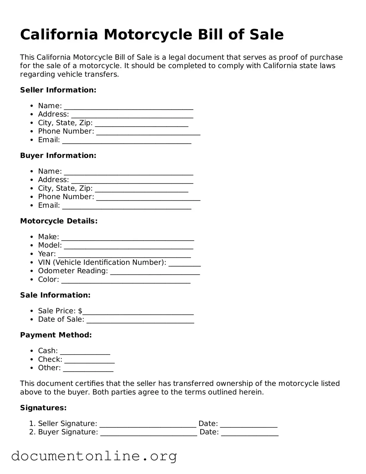 Free Motorcycle Bill of Sale Form for California State