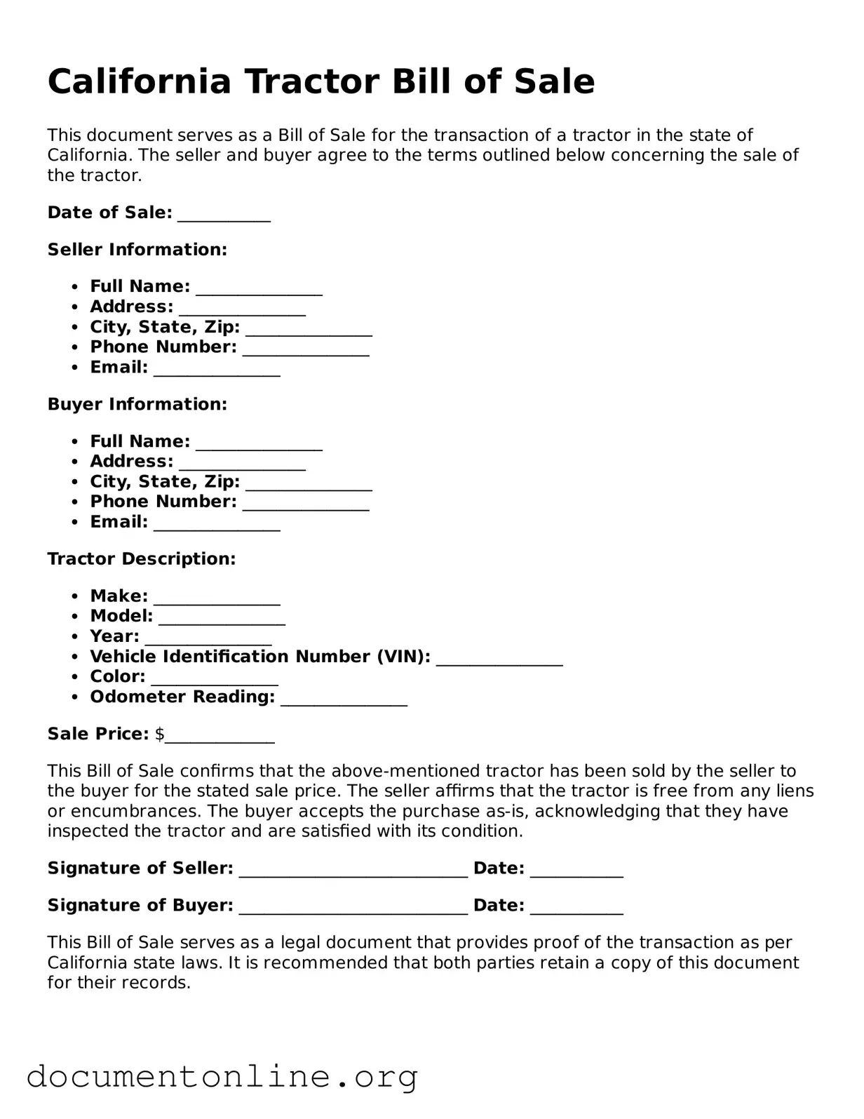 Free Tractor Bill of Sale Form for California State