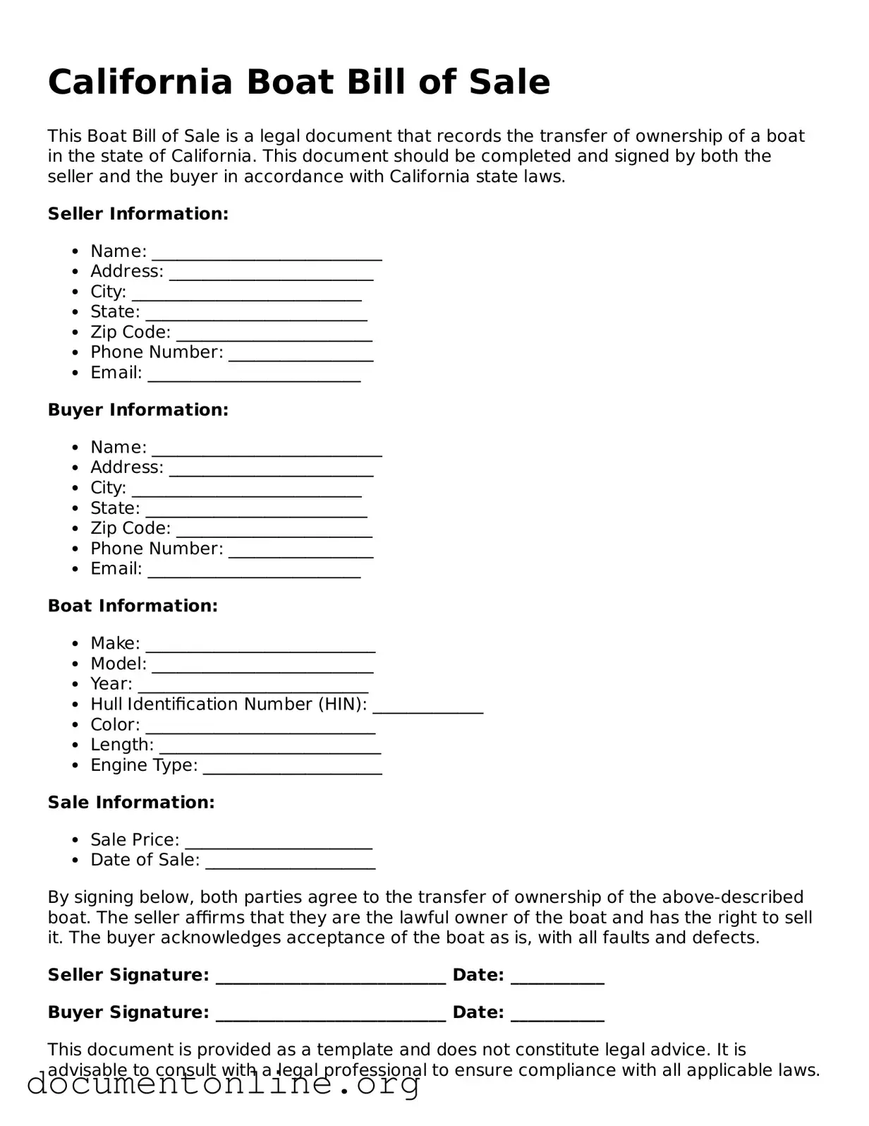 Free Boat Bill of Sale Form for California State