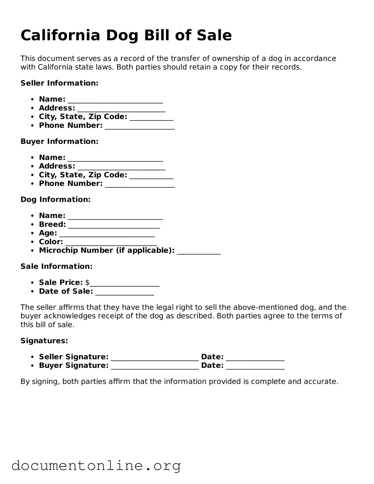 Free Dog Bill of Sale Form for California State