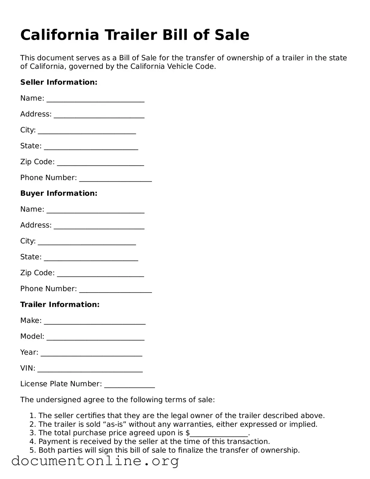 Free Trailer Bill of Sale Form for California State