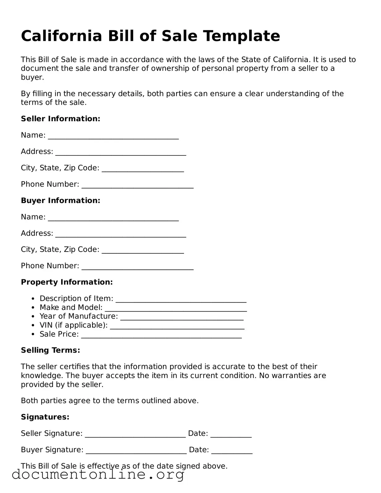 Free Bill of Sale Form for California State