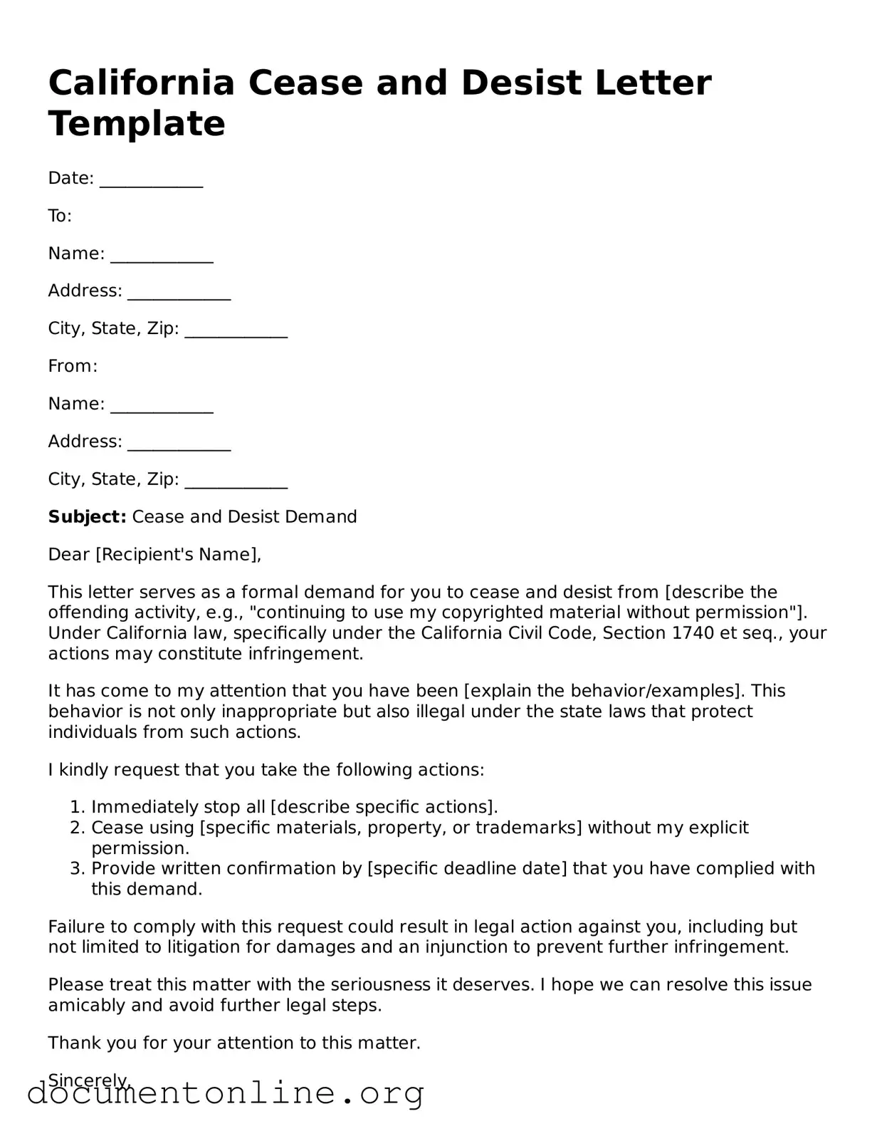 Free Cease and Desist Letter Form for California State