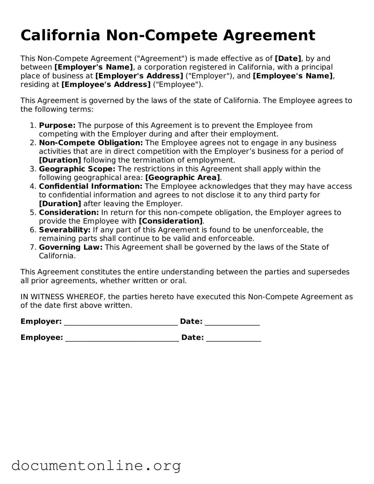 Free Non-compete Agreement Form for California State