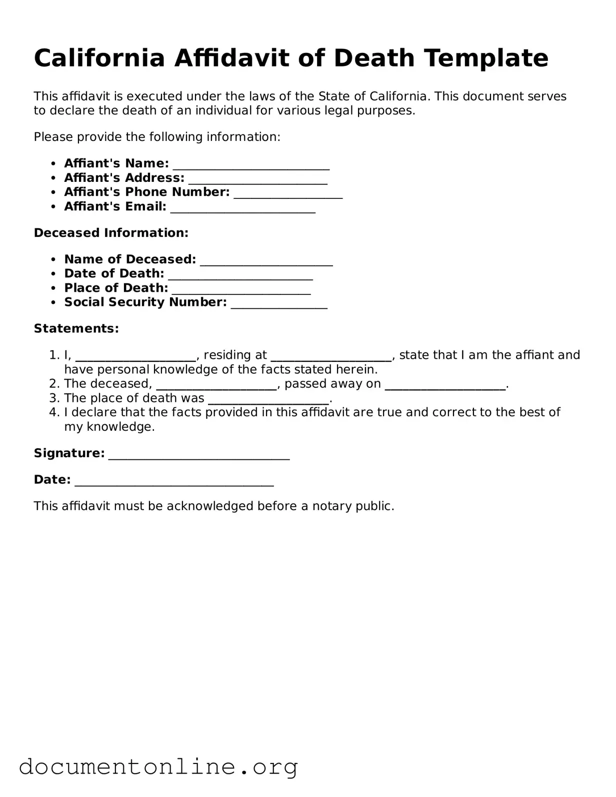 Free Affidavit of Death Form for California State