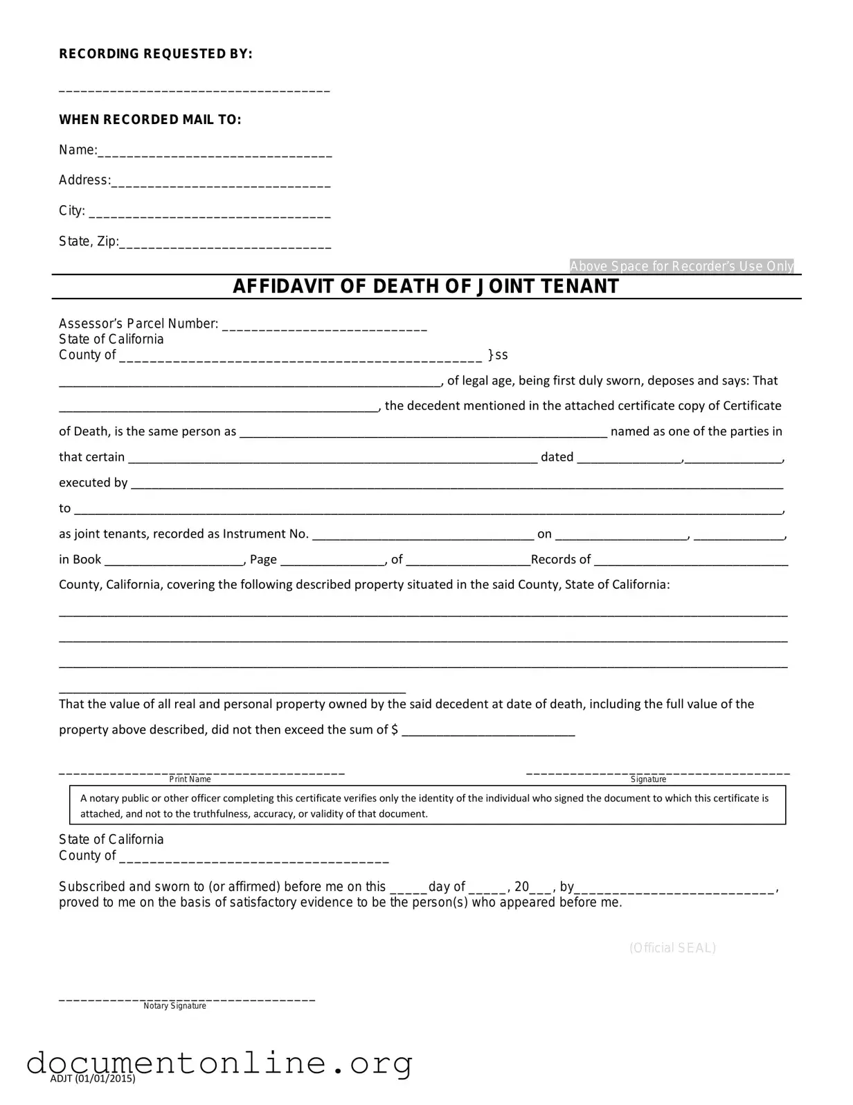 Free California Death of a Joint Tenant Affidavit Template
