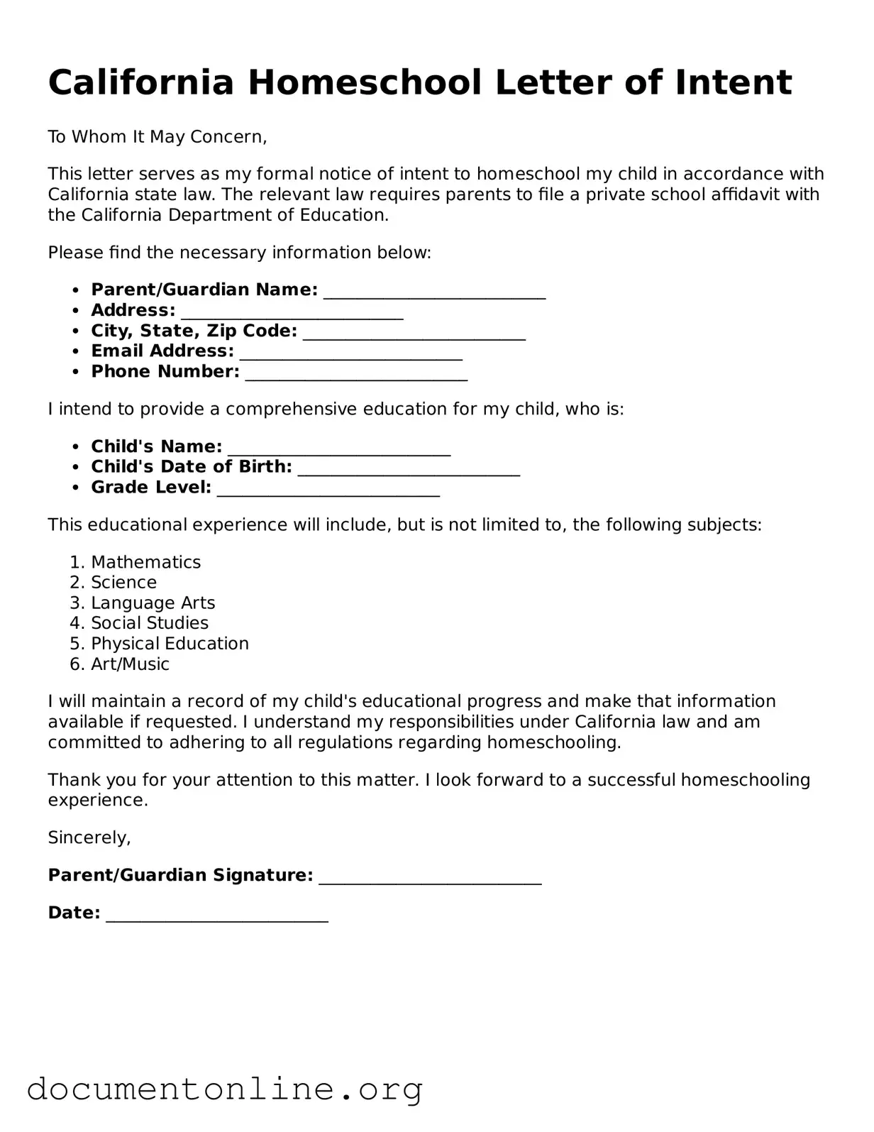 Free Homeschool Letter of Intent Form for California State