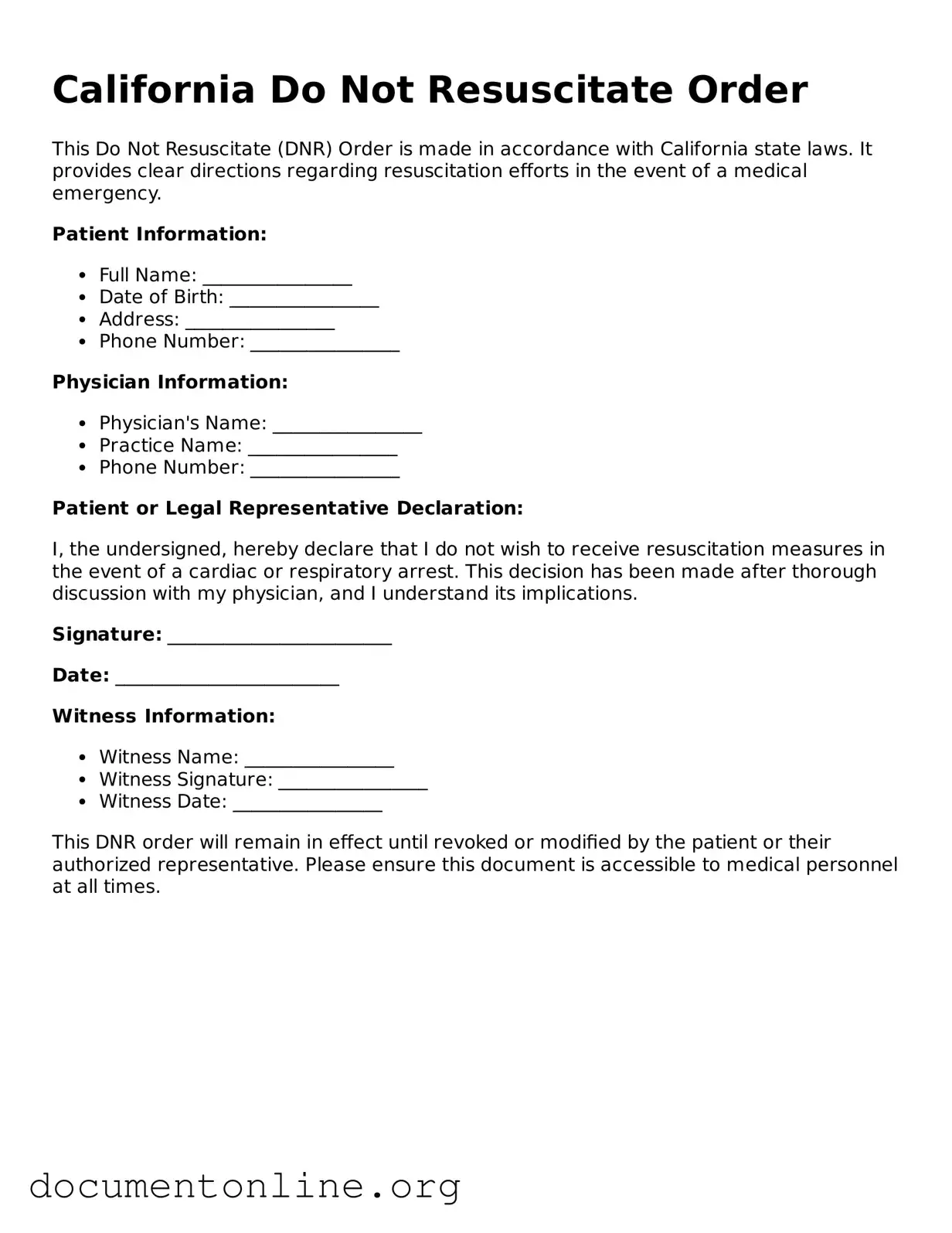 Free Do Not Resuscitate Order Form for California State