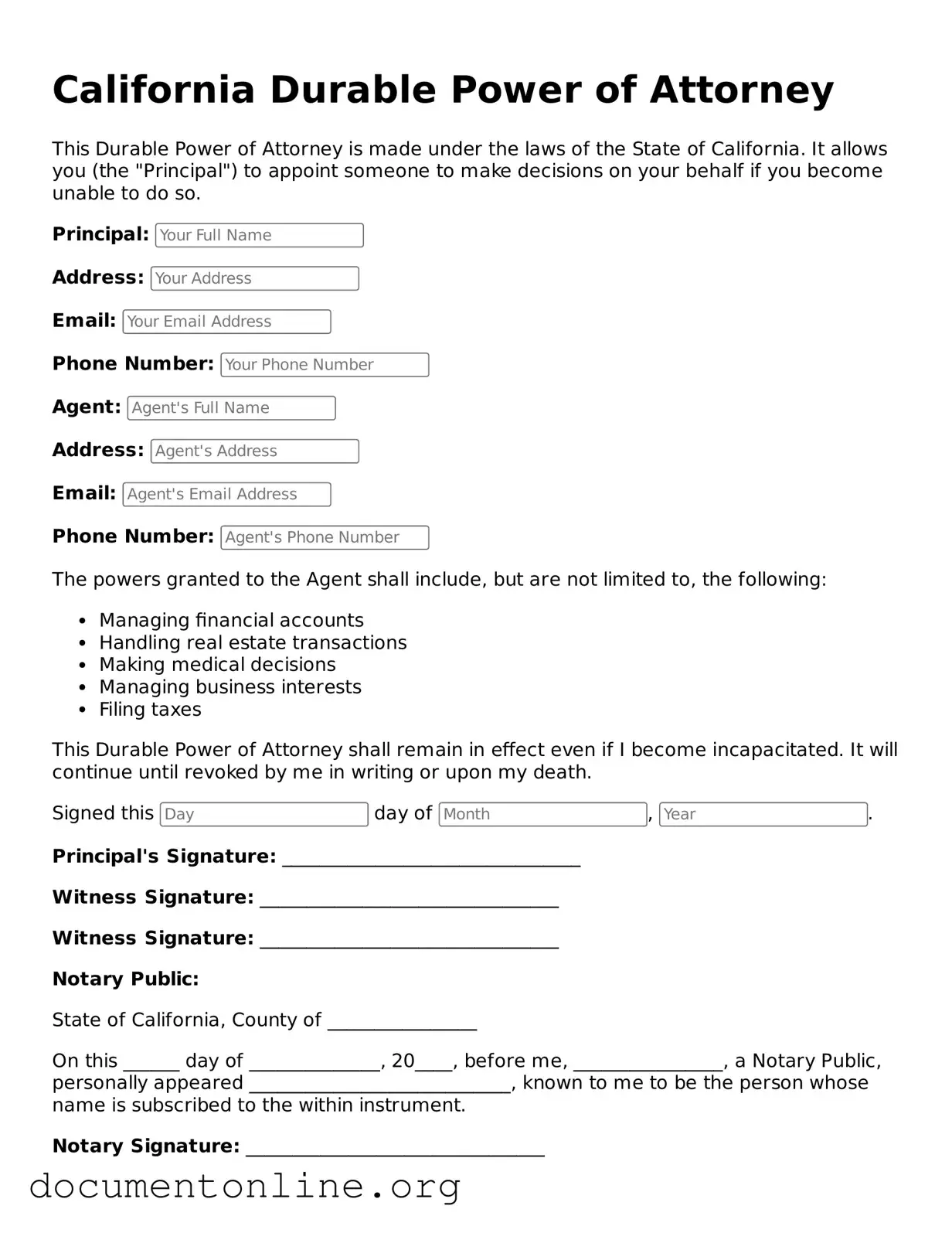 Free Durable Power of Attorney Form for California State